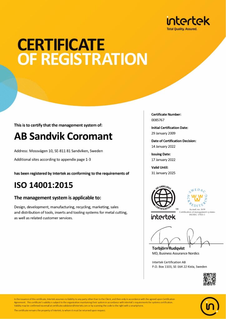 Certificado ISO 14001:2015 AB Sandvik Coromant - Herramientas y útiles