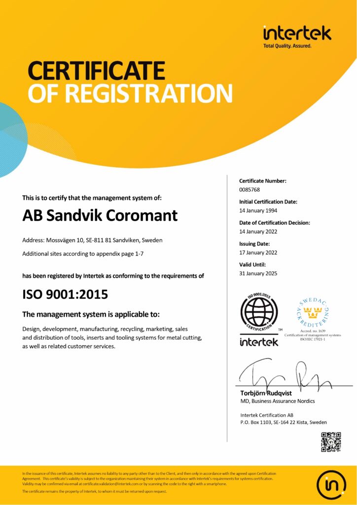 Certificado ISO 9001:2015 AB Sandvik Coromant - Herramientas y útiles